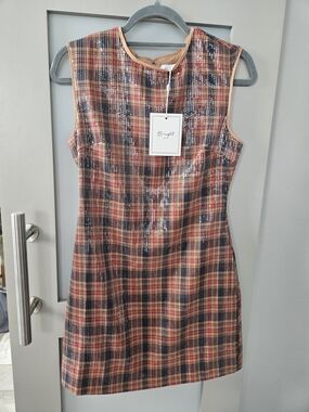 BRIGHT the LABEL BOUTIQUE Sleeveless Plaid Shift Dress in Peach-Multi